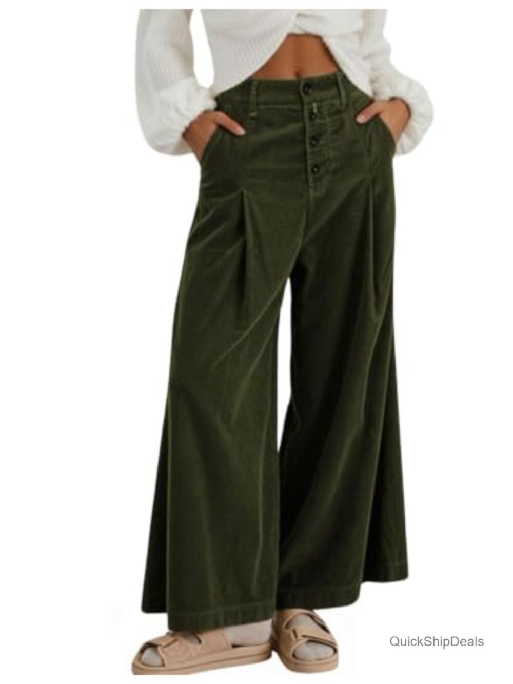 Corduroy Pants Button Front Wide Leg High Waisted Trousers